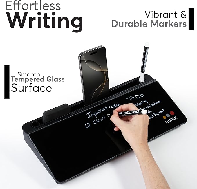 HURUC Small Glass Desktop Whiteboard with Storage,15.3"x7.08"x2.16" inch Desktop Dry Erase Board with Markers & Duster, Desk White Board Buddy Organizer for Home, Office, School (Black)