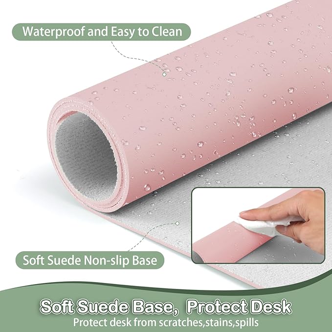 Boutilon Leather Desk Pad Protector,Non-Slip Mouse Pad,Laptop Desk Pad,Office Mouse Mat,Waterproof Leather Desk Blotter,Desk Writing Pad for Office and Home (S-Light Pink,24"x 14")