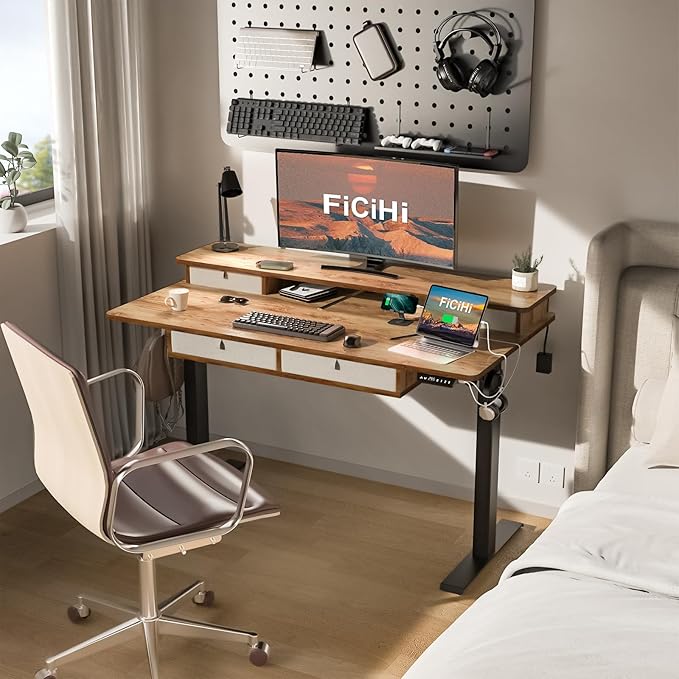 FiCiHi Adjustable Height Standing Desk with 4 Drawers,55 x 30 inches Electric Sit Stand Home Office Desk with Two Tiers, 3 Memory Presets, Monitor Stand Riser, USB A/C Charging Port