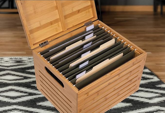 BIRDROCK HOME Rolling File Storage Organizer Box with Lid (New Version) - Bamboo Decorative Wood Hanging File Box for Letter/Legal Documents, Binders, Blankets - Durable Office Organizer - Natural