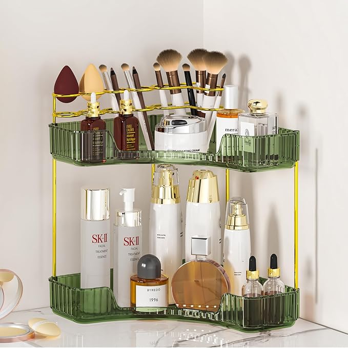 SUNZOS Bathroom Counter Organizer, Corner Vanity Cosmetic Storage with Makeup Brush Holder, Countertop Organizers for Dresser (2 Tier, Green)