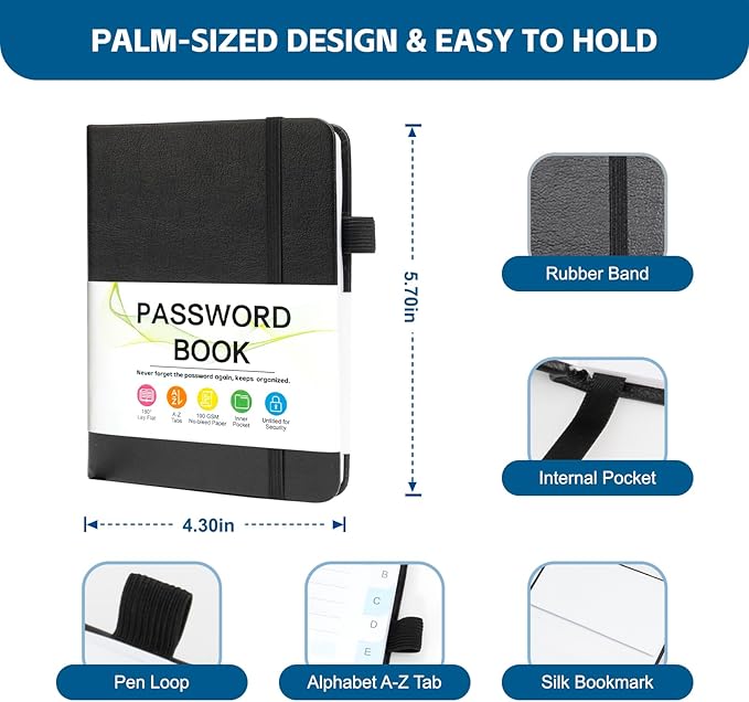 Password Keeper Book with Alphabetical Tabs，4.3"x5.7" Small Password Books for Seniors Password Notebook for Internet Website Address Log in Detail (Black)