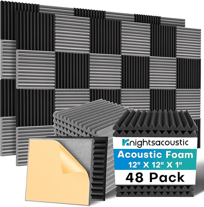 Knightsacoustic 48 Pack Sound Proof Foam Panels for Walls with Self Adhesive, 12x12x1 Acoustic Foam Panels, High Density Acoustic Panels Sound Absorbing, Fire Resistant Studio Sound Proofing Black