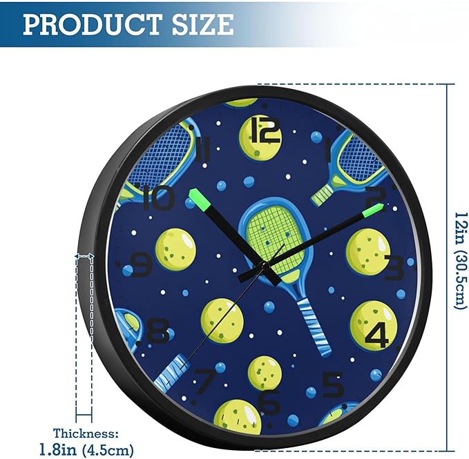 Vozoza Pickleball Game Sports 12 Inch Analog Wall Clocks Battery-Operated with Led Lights for Living Room Bedroom Kitchen Office Decor, Battery Not Included