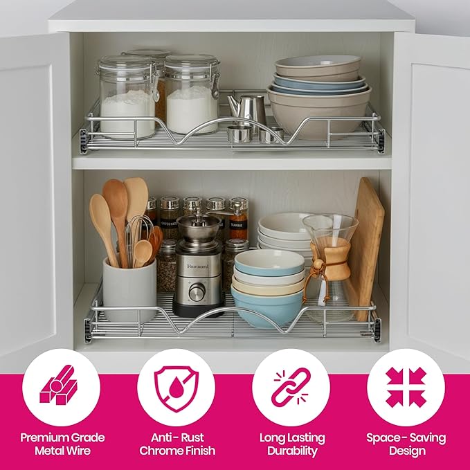 HOLDN’ STORAGE Pull Out Cabinet Organizer, Heavy Duty Caddy w/Lifetime Limited Warranty -14”W x 21”D - Requires At Least 15-1/4” Cabinet Opening, Steel Metal Cabinet Drawers Slide Out, Chrome