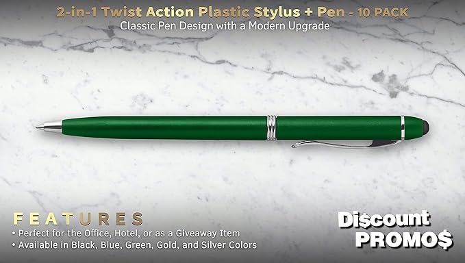 DISCOUNT PROMOS Twist Action Plastic Stylus Pens, Set of 10, Bulk Pack - Pens for Work, Cool Pens for Writing, Black Ink - Green