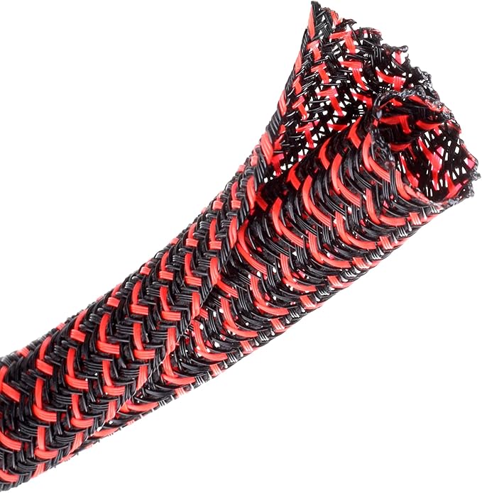 CrocSee 25ft - 1/2 inch Braided Cable Management Sleeve Cord Protector - Self-Wrapping Split Wire Loom for TV/Computer/Home Theater/Engine Bay - Black/Red