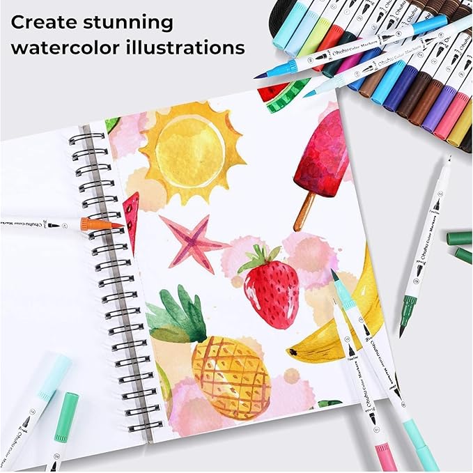 Ohuhu Markers for Adult Coloring Books No Bleeding 100 Colors Coloring Markers Water-based Dual Tips Fineliner & Brush Drawing Pens Art Pens for Kids Adults Sketch Journal - Maui - White