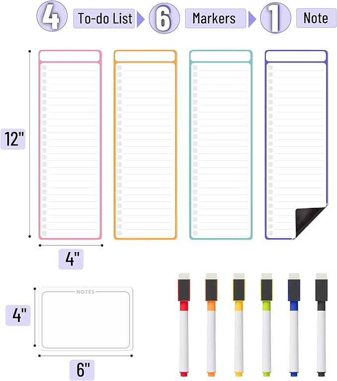 Mr. Pen- 4" x 12" Magnetic Dry Erase to Do List, 11 pcs, Neon Style, 4X Dry Erase to Do List White Board, 6X Colorful Whiteboard Markers and 6" x 4" Magnetic Whiteboard Note
