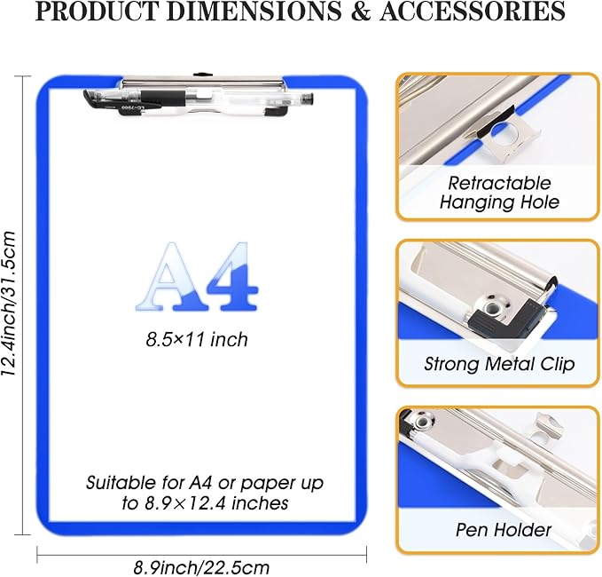 TFDLCG zm 6 PCS Clipboards Bulk with Pen Holder,Standard A4 Letter Size,Plastic Clip Boards 8.5x11 Heavy Duty,Low Profile Clipboard for Men Kids Teacher,Office School Home Work,Blue