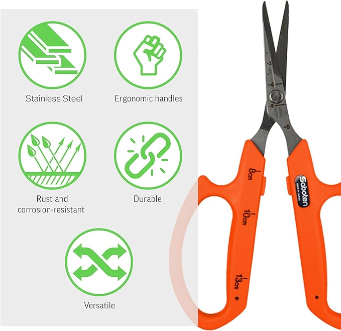 Saboten Stainless Steel Straight Blade Trimming Scissors Orange PT-12 160mm Precision Gardening Bonsai and Floral Shears Made in Japan