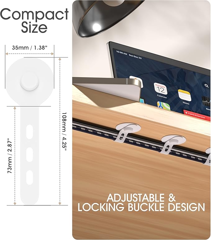 Nearockle Cable Management Under Desk, Adjustable Self-Adhesive Silicone Cable Ties Cord Organizer, Reusable Heavy-Duty Cord Holder Under Table for Office, Home, School (10Pcs-White)