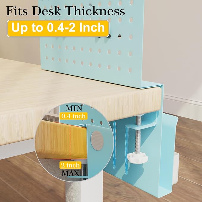 Henitol Desk Side Storage with Clamp-On Desk Pegboard, Steel Privacy Panel, No-Drill Desk Organizer with Pen Holder, Table-Side Laptop Holder for Office and Home (Blue)