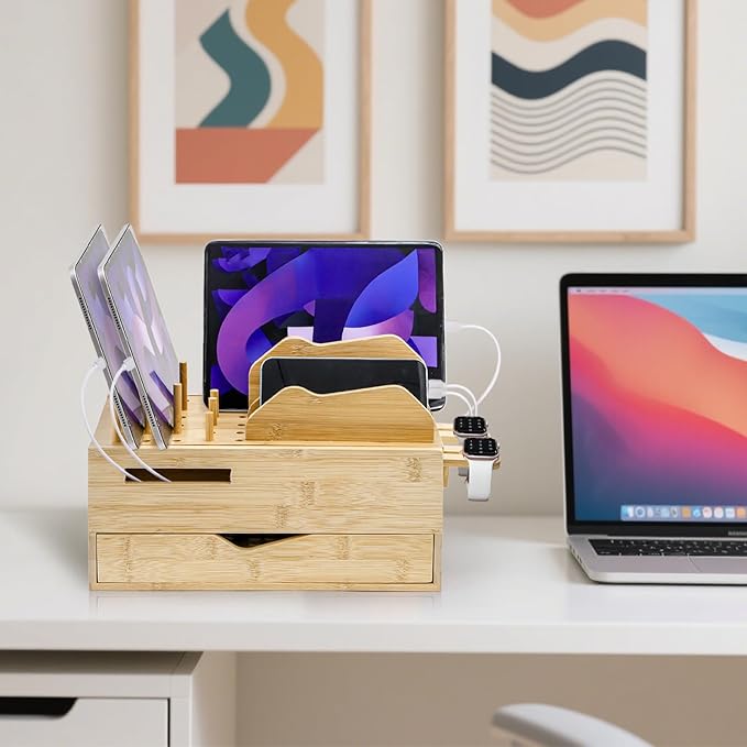 Yopay Family Charging Station with Drawer, Bamboo Charging Station for Multiple Devices, Cell Phone Docking Stations Organizer for Tablet, Laptop, Nightstand Bedside Desk Device Charger Organizer