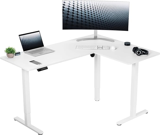 VIVO Electric Corner 63 x 47 inch L-Shaped Standing Desk, Memory Height Adjustment, White Top White Frame, DESK-E3CTW-47