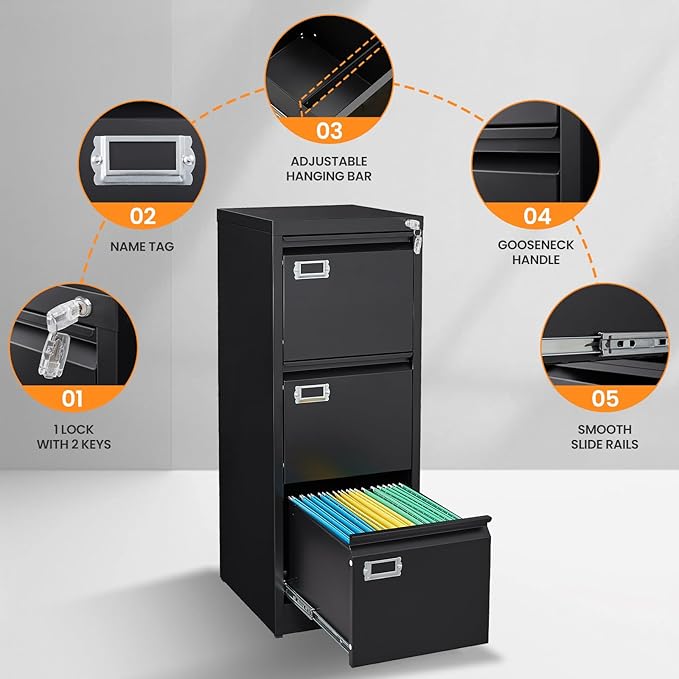 AFAIF 3 Drawer File Cabinet with Lock, Metal Filing Cabinets for Home Office, Vertical Black Locking File Caninet, Steel Narrow Three Drawer File Cabnet for Letter/Legal / A4 / B4- Assembly Required