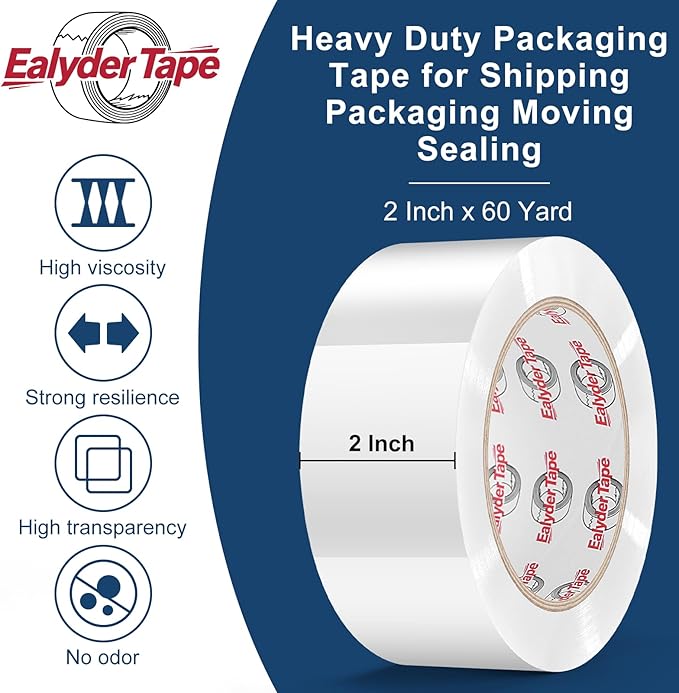 Ealyder Tape Transparent Packing Tape 2 inch x 60 Yards, 3 Rolls with Dispenser – Clear Heavy-Duty Parcel Tape for Secure Packaging, Total 180 Yards