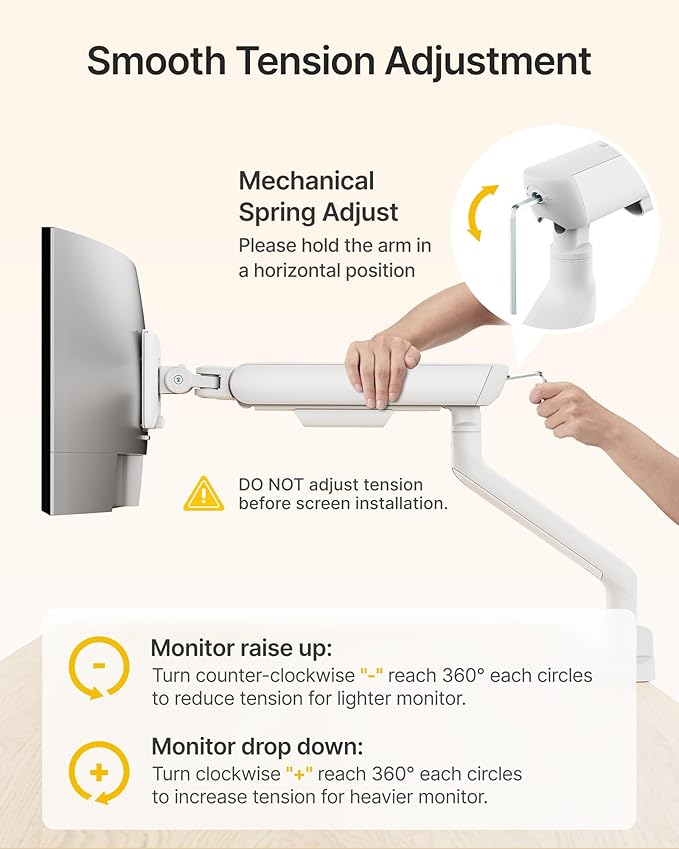 monTEK Single Monitor Arm, Mechanical Spring Monitor Arm for 17-40" Ultrawide Screens, Adjustable Monitors Desk Mount Holds up to 24.2 lbs with C Clamp/Grommet Desk Mount, VESA 75/100mm, MA1011WH