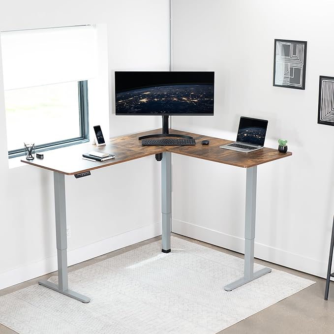 VIVO Electric Corner 63 x 55 inch L-Shaped Standing Desk, Memory Height Adjustment, Rustic Vintage Brown Top Gray Frame, DESK-E3CTGN