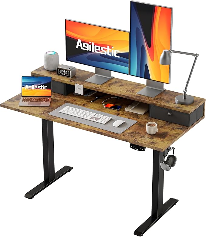 Agilestic 48 x 24 Inches Electric Standing Desk with 2 Storage Drawers, Adjustable Height Sit and Stand Computer Table with Splice Board, Rustic Brown