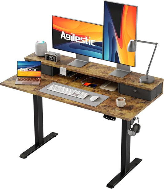 Agilestic 48 x 24 Inches Electric Standing Desk with 2 Storage Drawers, Adjustable Height Sit and Stand Computer Table with Splice Board, Rustic Brown