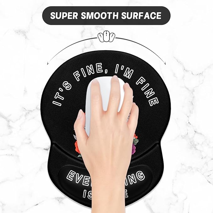 ITNRSIIET Ergonomic Mouse Pad with Gel Wrist Support Small Wrist Rest Smooth Surface Non-Slip PU Base Comfortable Office Supplies Pain Relief, 8.7 x 7.2 inches, Flower Skull