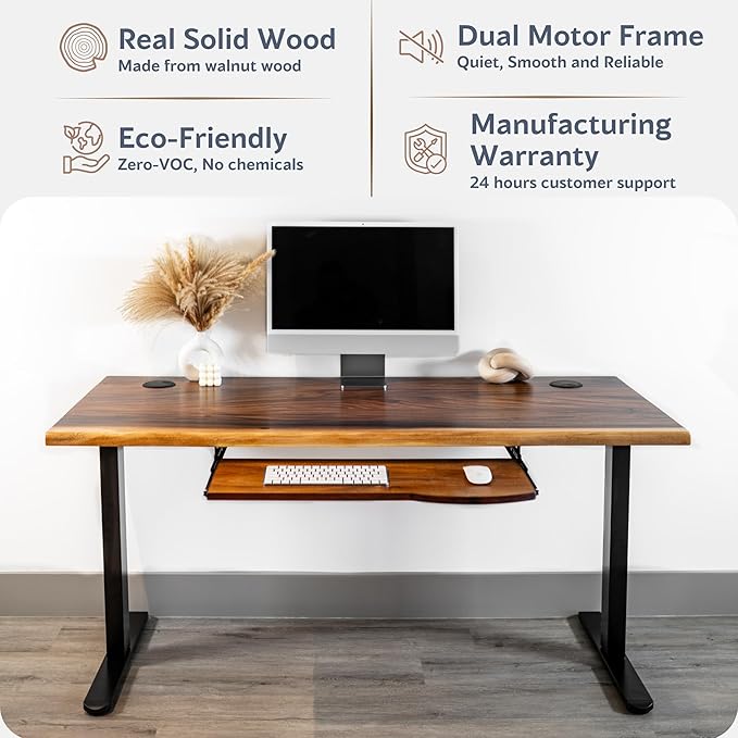 Standing Desk with Keyboard Tray – Walnut Solid Wood Desk, Natural Live Edge, Adjustable Height Dual Motor, Sit Stand for Home Office (Black, W60 x D27)