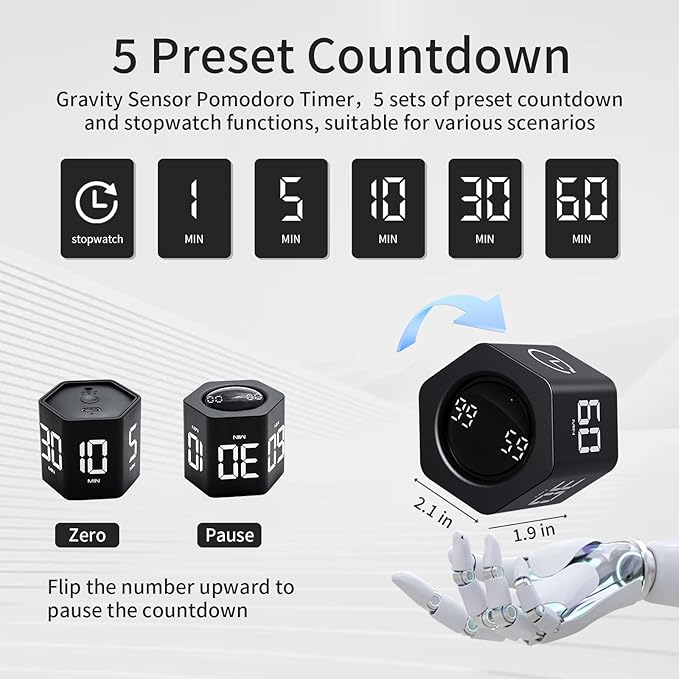 Productivity Timer Flip Gravity Sensor Cube Timer Countdown & Countup,Mute & Vibrate & Sound，5/10/30/60min & Custom Timing, Perfect for ADHD,Work,Learning,Kitchen Cooking (2, White +Black Hexagon)