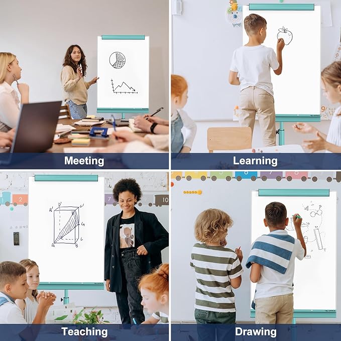 TSJ OFFICE Rolling Whiteboard Standing - 40 x 26 Inches Magnetic Mobile White Board with Stand, Height Adjustable Dry Erase Board on Wheels with Paper Clamp on Top, Light Blue