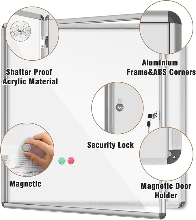 Mifuro 38"x38" Enclosed Bulletin Board, Lockable Weather-Resistant Aluminum Noticeboard for School & Office, Silver Frame w/Magentic Whiteboard