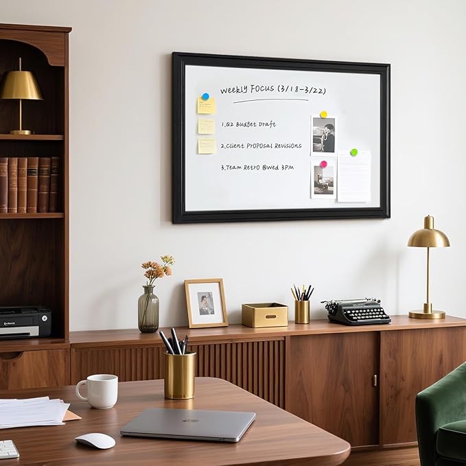 Large White Board for Wall, 36'' x 24'' Magnetic Dry Erase Board, Decorative Whiteboard, Black Vintage Wooden Frame