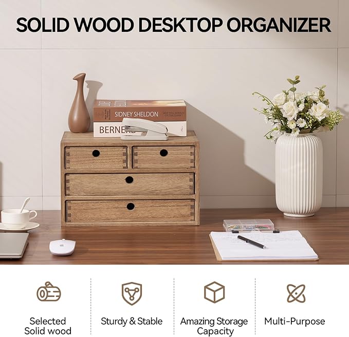 Kirigen Wood Desktop Storage Cabinet/Workspace Document Office necessity Organizer with 4 Drawers/Home,office Letter Mail Sorter with 3 levels/Hold Makeup Box (BR, 3-layer &4 drawers) Dark brown