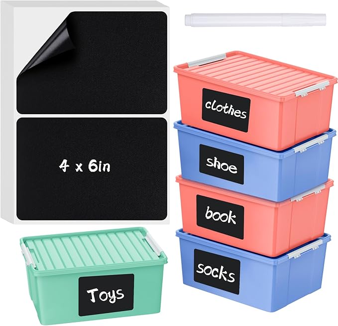 100 Pcs Labels for Storage Bins, 6 x 4 inch Black Large Label Stickers with 1 Liquid Chalk Marker Removable Labels Adhesive Chalkboard Labels Tear Resistant No Residue for School Business Home