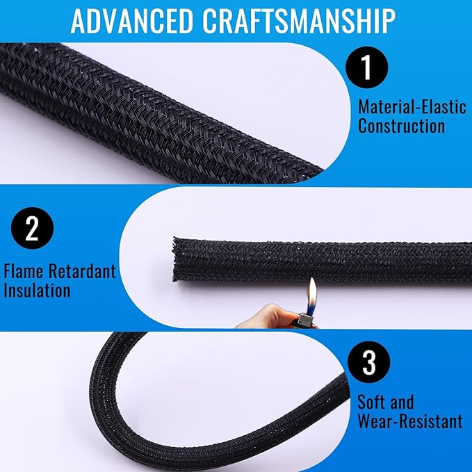 Flauzmann 1/2" Braided Cable Sleeve - 10Ft Cat Cord Protector Split Wire Loom Tubing Flexible Self Wrapping for USB, Audio, Automotive Cord, Dog Chew Proof Cable Protector - Black