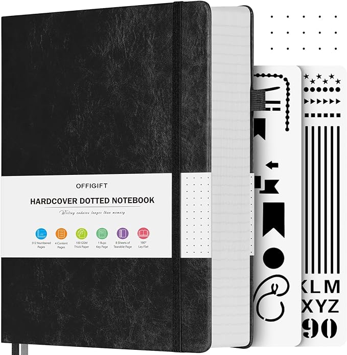 OFFIGIFT Bullet Dotted Journal Notebook, 312 Numbered Pages A5 Hardcover Leather Journal, 100gsm No Bleed Paper Dot Grid Notebook with Index Pages, Dot Journal for Women Men, 5.75" x 8.38", Black