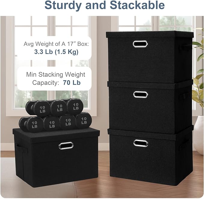 Graciadeco Large 17" 36 Quart Collapsible Stackable Storage Bins with Lids, 5 Packs Black Linen Fabric Closet Boxes with Lids, Storage Cube Baskets Container Organizers for Bedroom Office(17 x12 x11)