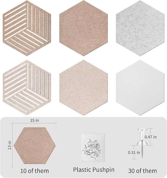 15'' Large Hexagon Cork-Bulletin Board Tiles Adhesive Frameless 10 Pack 15 x 13 inch Hex Pin Corkboard Prayer Vision Cork Board for Office-Wall Decor, Hexagonal Tack Pinboard with 30 Push Pins
