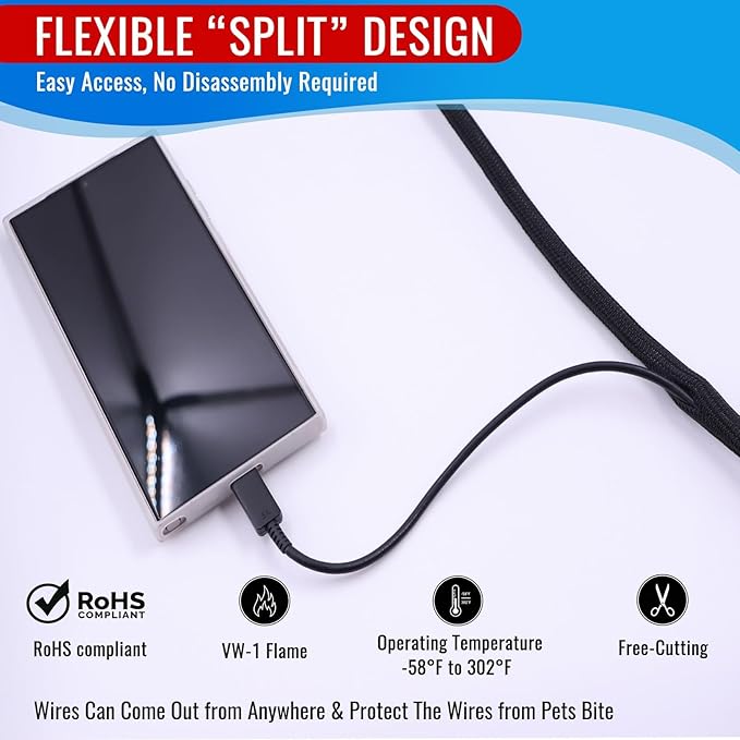 Flauzmann 1/4" Braided Cable Sleeve - 10Ft Cat Cord Protector Split Wire Loom Tubing Flexible Self Wrapping for USB, Audio, Automotive Cord, Dog Chew Proof Cable Protector - Black