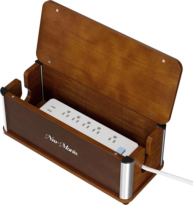 Delamu Wooden Cable Management Box, Retro-Inspired Look Desk Cord Organizer Box for Home Office, Large Cable Organizer Hides Cords and Power Strips, Power Strip Cover, 14.3" x 6.0" x 5.5", Dark