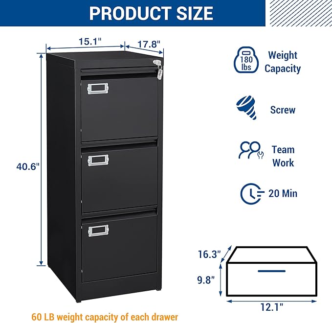 Fesbos Vertical File Cabinets - 3 Drawers 17.8" Deep Lockable Filing Cabinet - Metal Storage Cabinets for Home Office to Hanging Files Letter/Legal/F4/A4 Size