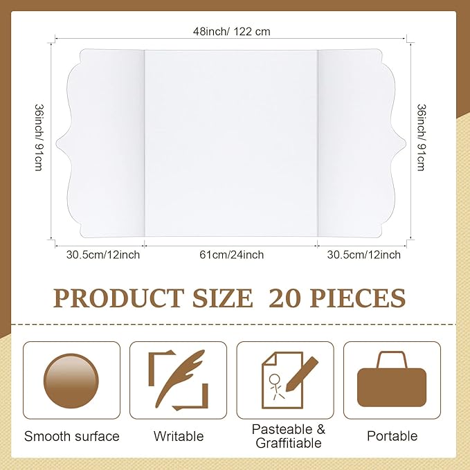 Geyee 20 Pcs 36 x 48 Inch Trifold Poster Board - Large White Corrugated Tri Fold Project Boards Foldable Paperboard for Science School Fair Business Exhibition Event Displays