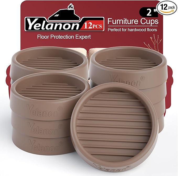 Yelanon Non-Slip Furniture Pads 12 Pcs 2" – Anti-Skid Grippers for Hardwood Floors, Rubber Furniture Feet & Bed Stoppers to Prevent Sliding(Brown)