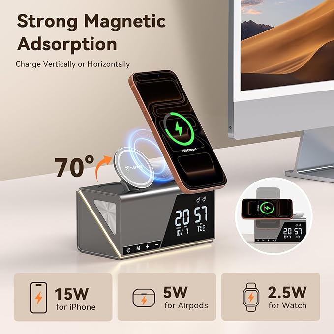 TobenONE 6-in-1 Alarm Clock Wireless Charging Station for Apple Devices, Night Light, Nightstand, MagSafe Magnetic Phone Charger, Fast Charging for iPhone 17 16 15 14 13 Pro Max, Apple Watch, AirPods