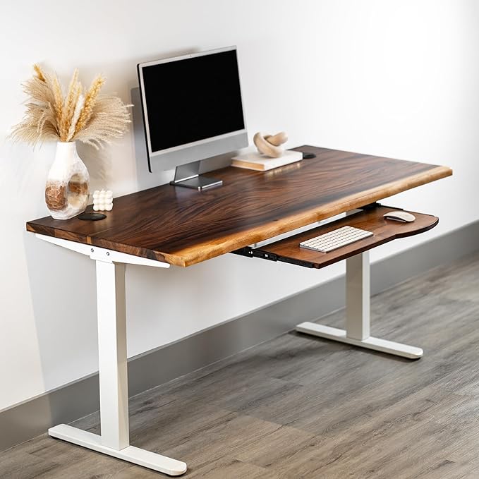 Standing Desk with Keyboard Tray – Walnut Solid Wood Desk, Natural Live Edge, Adjustable Height Dual Motor, Sit Stand for Home Office (White, W60 x D27)
