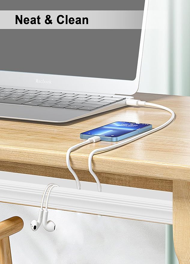 Under Desk Cable Management - Adhesive Cable Organizer for Home & Office, No-Drill Cord Management System, J Channel Cable Raceway for Desk, 6 Pack, White