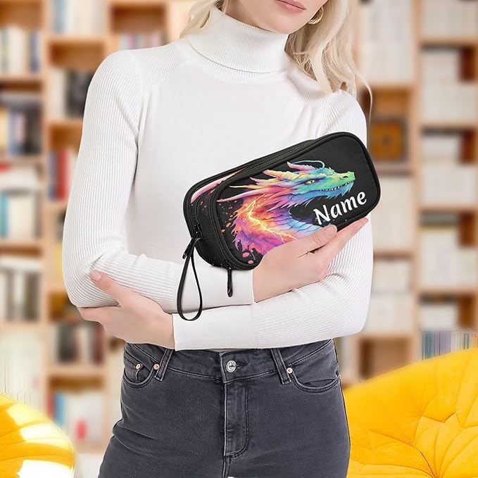 BOENLE Custom Lightning Dragon Watercolor Pencil Case Box Boys Girls Personalized Name Large Pencil Pouch Stationery Pen Bag Organizer for Kids Adults School Office