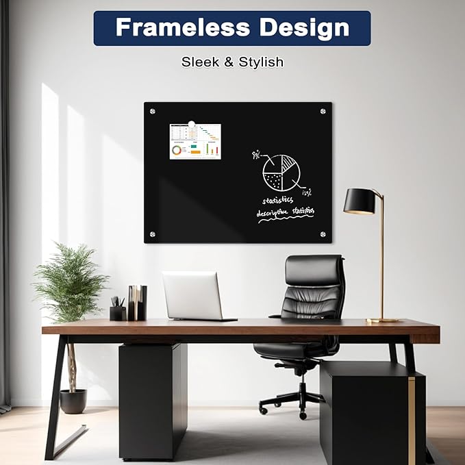 Black Dry Erase Board, 6' x 4' Magnetic Glass Whiteboard for Wall,72" x 48" Large Black Glass Magnetic Board with 1 Marker Tray and 10 Magnets for Office, Home, Classroom