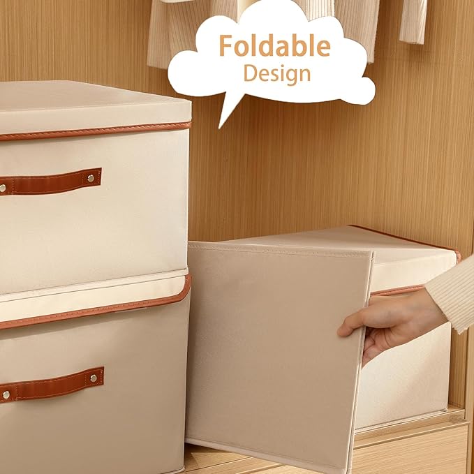 Tuza 2 Pack Large Fabric Storage Bins with Lids, Foldable Storage Boxes with Lids for Organizing, Decorative Storage Boxes with Handles for Home, Bedroom, Closet, Office(Khaki, Extra Large)