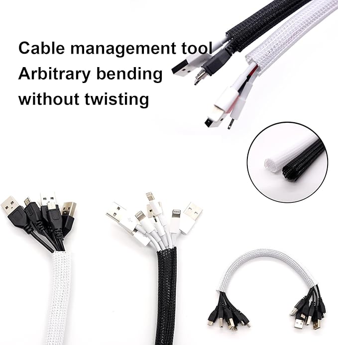 QCSIW 1/2"-10ft*2pcs Black/White Cable Sleeve - Protects Cords from Pets & Organizes Wires - Modern Style - Polyester Material - Flame Retardant - Easy to Use & Cut (Black, 10ft-1/2inch)
