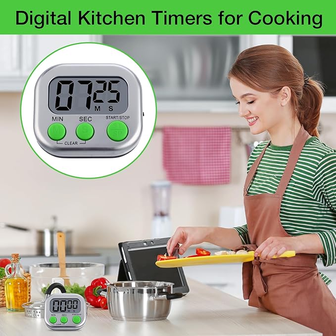 Leumoi 24 Pcs Digital Kitchen Timers Magnetic Back Timers Bulk Large Screen Loud Alarm On/Off Switch Minute Second Count up Countdown Memory Setting for Cooking Classroom Exercise (Sliver and Green)